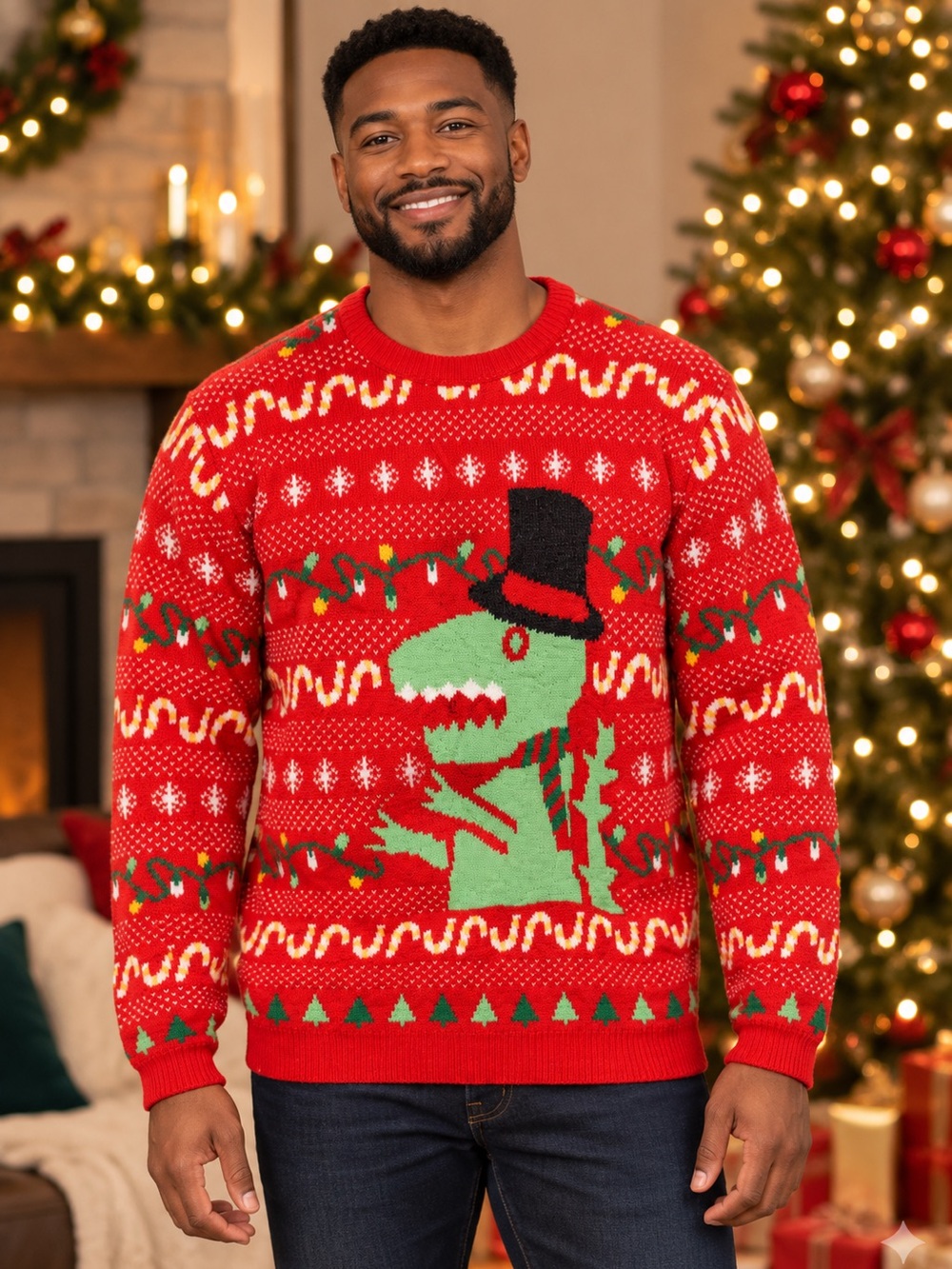 Ugly Christmas Sweater T-Rex Dinosaur Candy Cane Lights Red Size Large